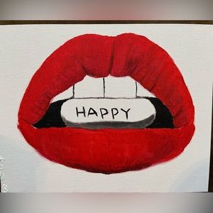 Happy pill red lips painting. Handmade, original, on 8x10 canvas.
